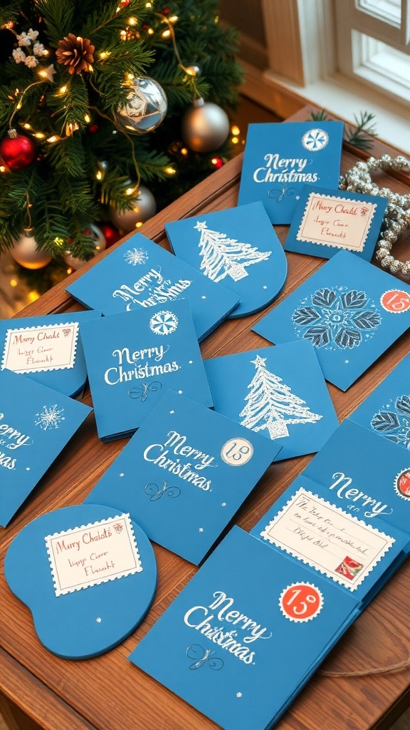 A variety of DIY blue Christmas cards with glitter and festive designs on a wooden table.